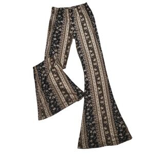 Womens Bohemian Floral Stripe Print Flare Knit Legging Size M 70s Festival Y2K
